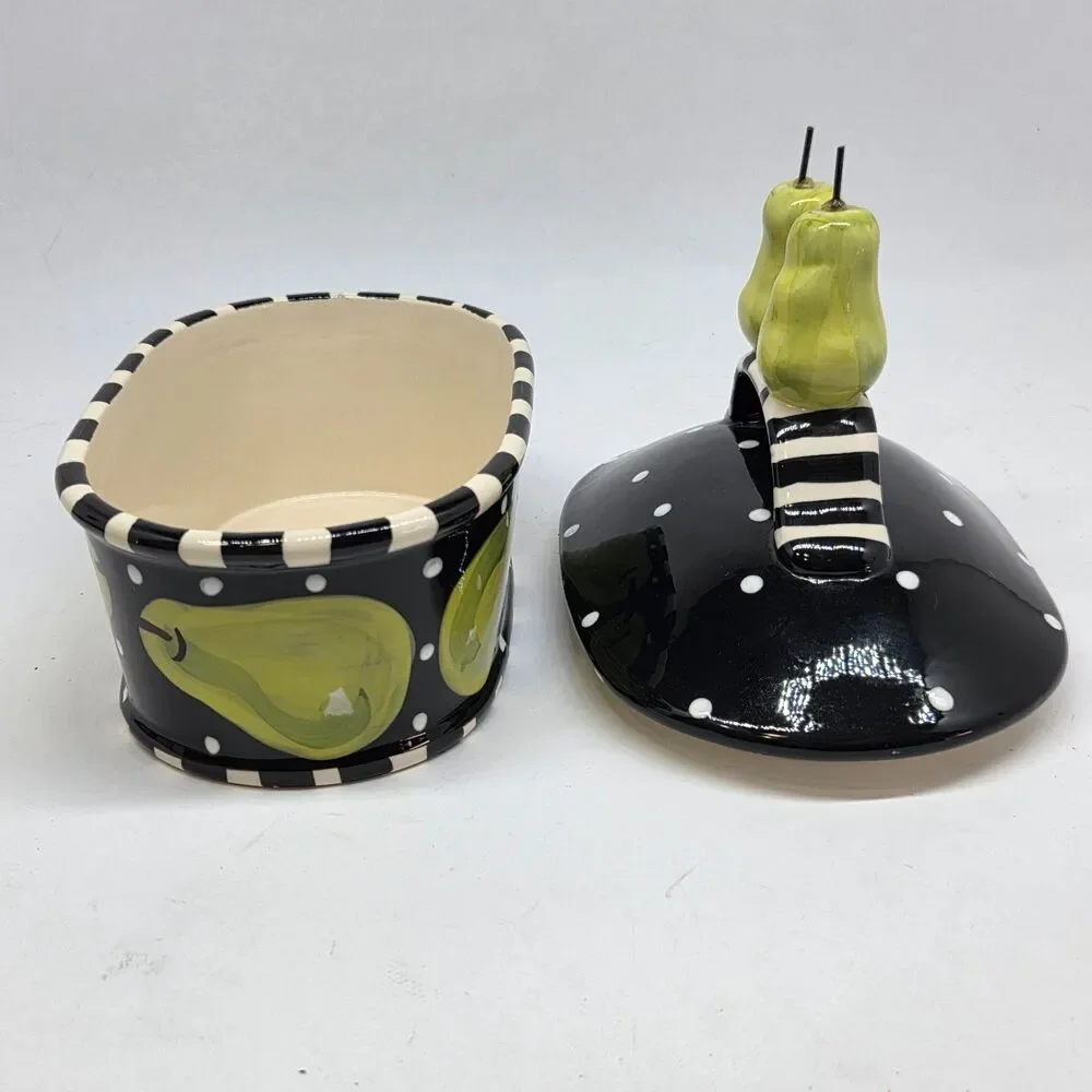 Lynn Morris Studio Pottery Black White Polka Dots Green Pear Covered Dish VGC